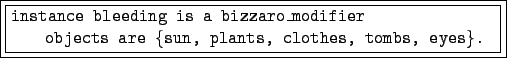 \fbox{\fbox{\begin{minipage}[b]{10.7cm}
\par
\noindent {\tt instance bleeding is...
....25in} {\tt objects are \{sun, plants, clothes, tombs, eyes\}.}
\end{minipage}}}